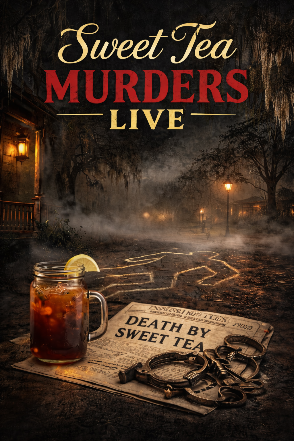 An image of a glass of sweet tea with handcuffs, a newspaper, and a chalk body on a foggy night
