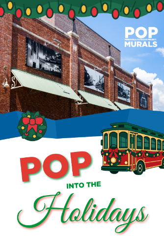 A poster image of a building with a graphic of a trolley.