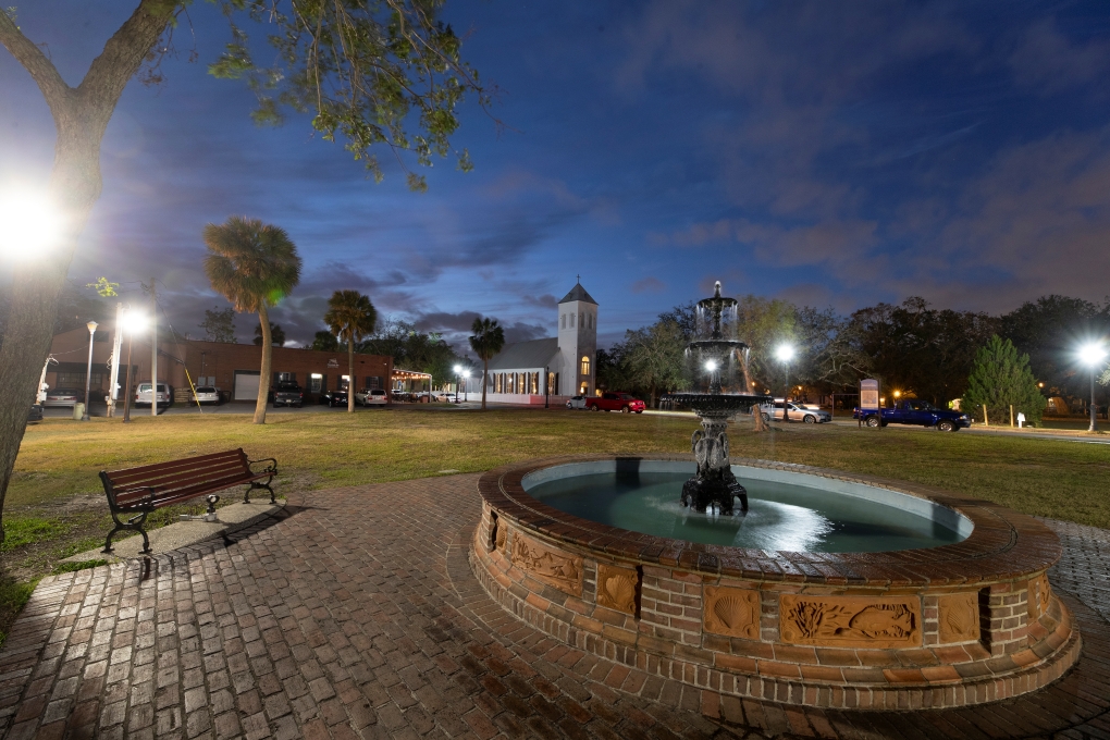 Fountain Park at night with Christ Church in background