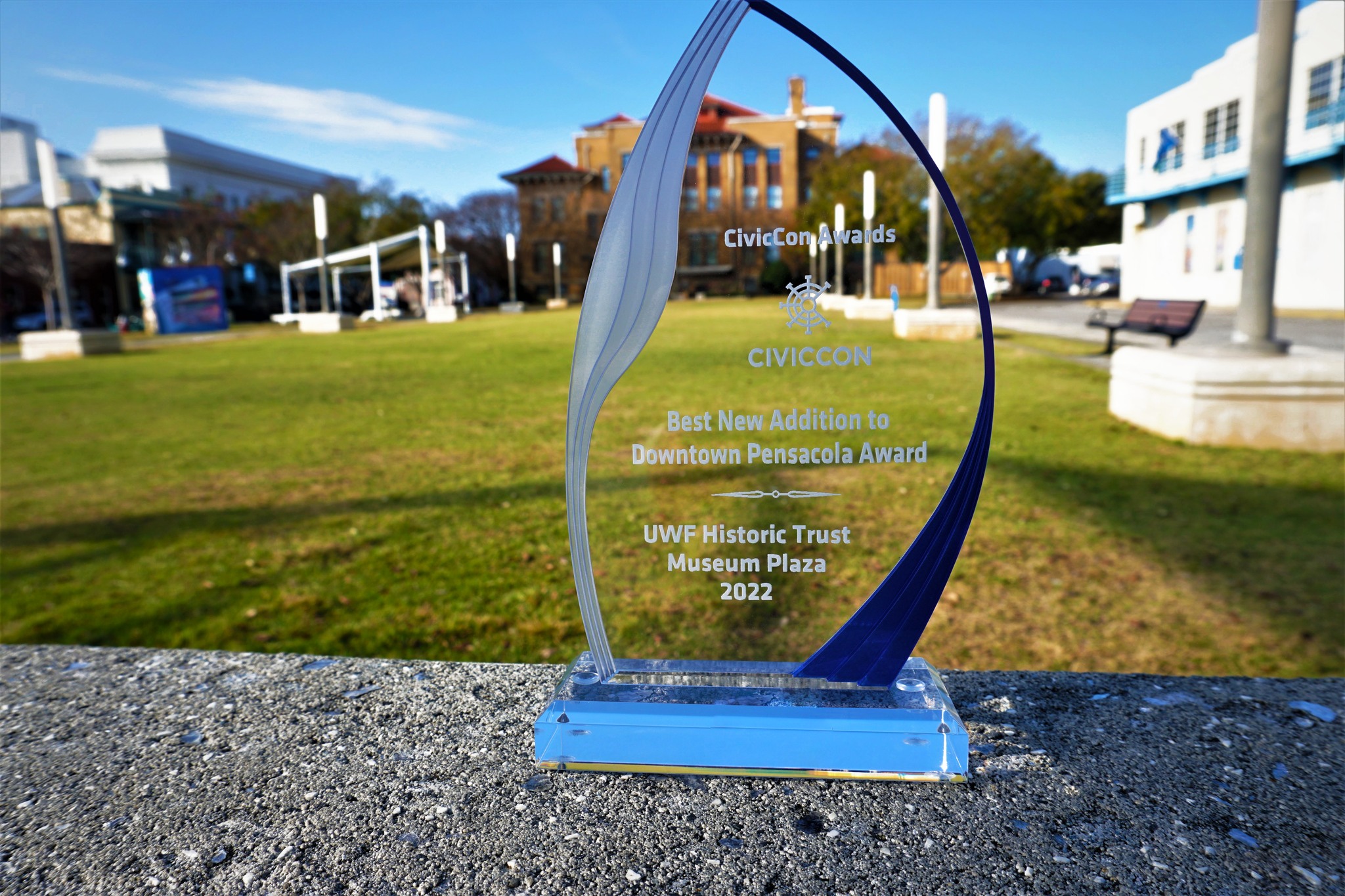 A picture of the CivicCon Award for Best New Addition to Downtown Pensacola for 2022.