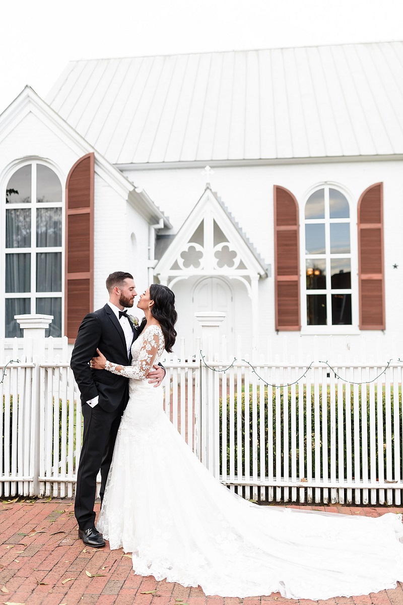 Bride and groom in front of Old Christ Church