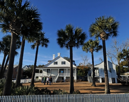Exterior wide angle view of Barkley House wedding venue and pine trees