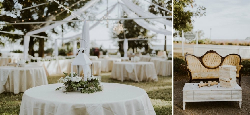 Barkley House lawn set up for a wedding reception with elegant white and cream linens