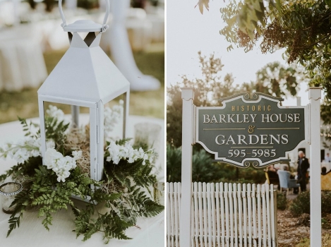 Side by side photos of a white lantern and wedding florals next to the Barkley House exterior signage
